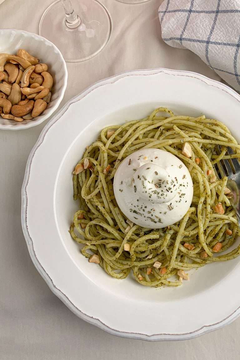 Burrata Pesto Pasta with Toasted Pine Nuts